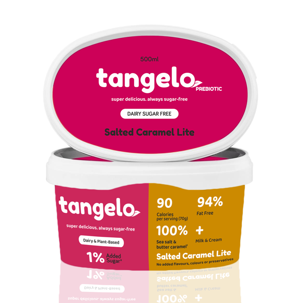 Salted caramel ice cream, low calorie, no added sugar, 100% plant-based, no artificial ingredients or preservatives